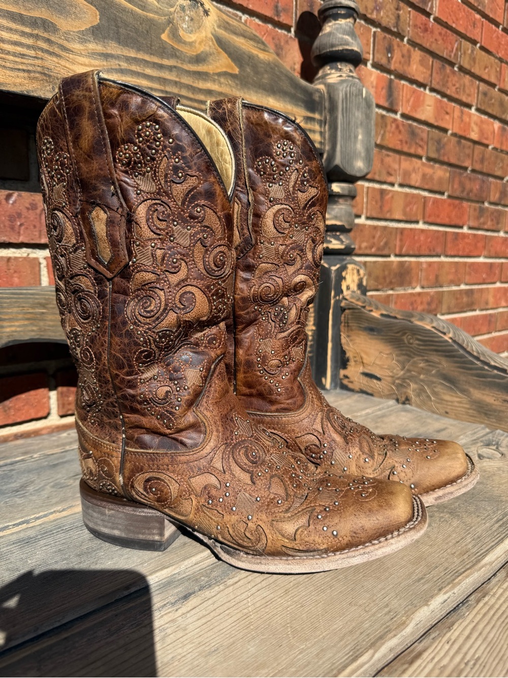 Brown Studded Western Heeled Boots - Women's Fashion Boot